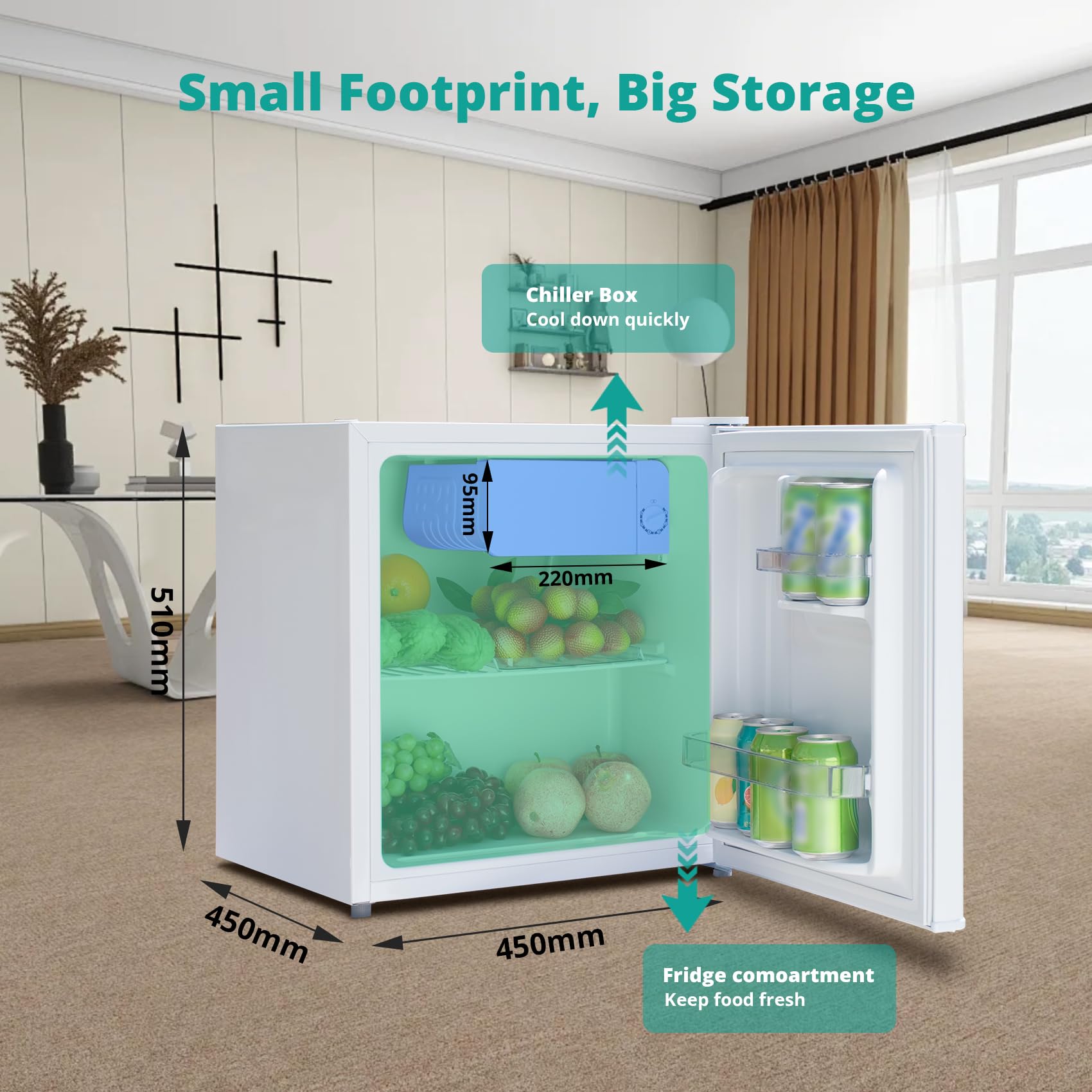 SMETA Mini Nevera 48L, Nevera Pequeña Silenciosa, con Termostato Ajustable, Patas Ajustables, Puerta Reversible y Congelador Pequeño, para Dormitorio, Cocina, Oficina, Color Blanco