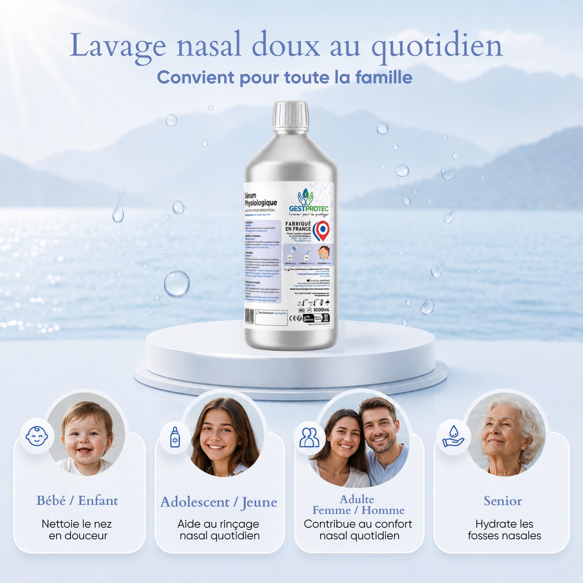 Sérum Physiologique Bouteille 1L x12 – Grand Format – Labo Français | Lot 12x1L – stock longue durée – solution saline 0,9% NaCl – eau purifiée – irrigation externe nez – labo français