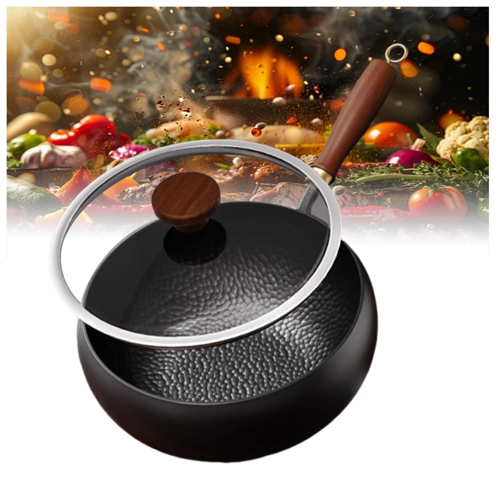 Vnook Japanese Iron Pan, Handmade Cast Iron Frying Pan with Lid and Wooden Handle, Traditional Uncoated for Gas Stove and Induction Cooker(28cm)