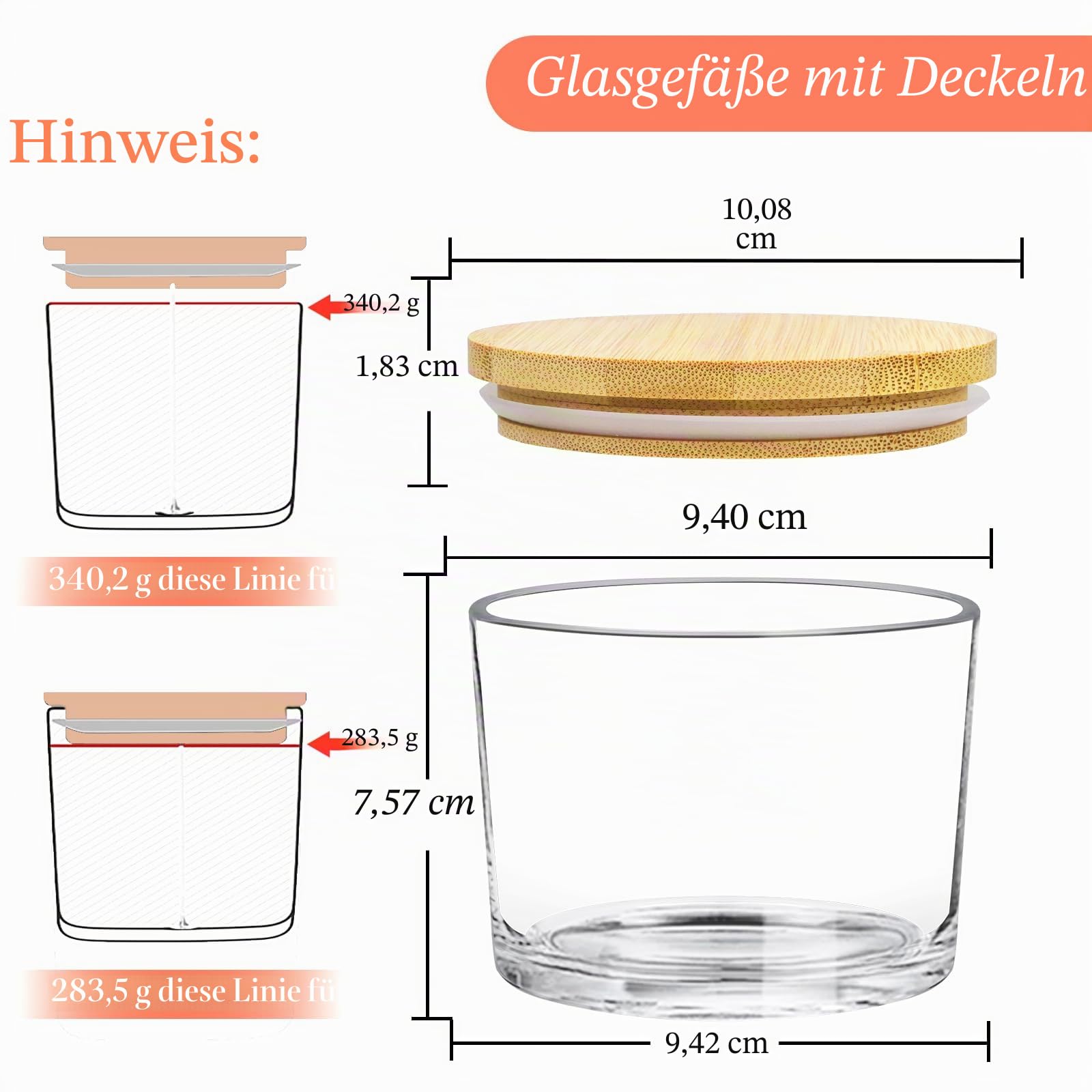 CONNOO 8 Stück 350 ml Kerzengläser aus transparentem Glas zur Kerzenherstellung mit luftdichten Bambusdeckeln - Schöne selbstklebende Warnaufkleber zur Herstellung von