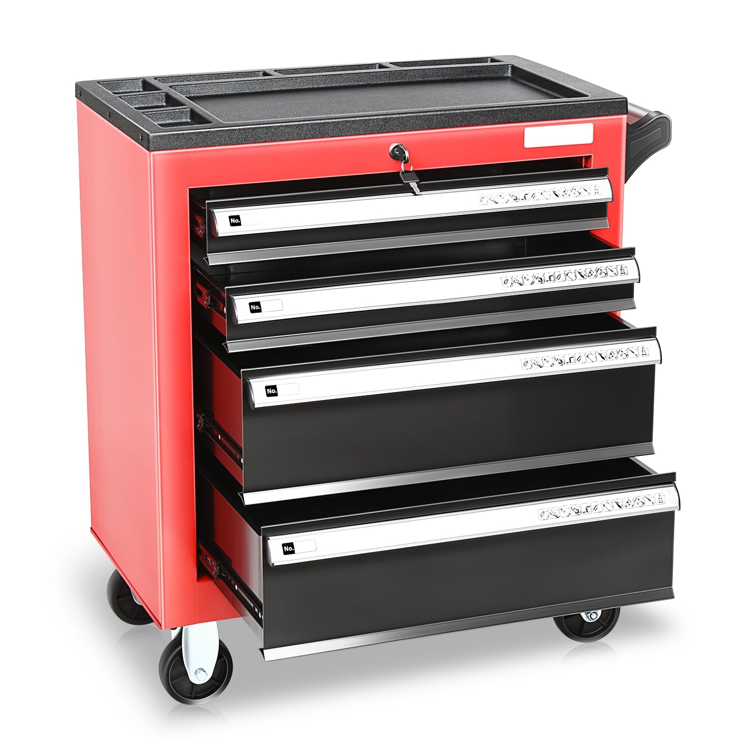 Auto Dynasty Universal Max 440 Lbs Red 4 Drawer Plastic Top Tray Powder-Coated Steel Roller Cabinet for Garage Warehouse Home Office Workshop Repair Tools