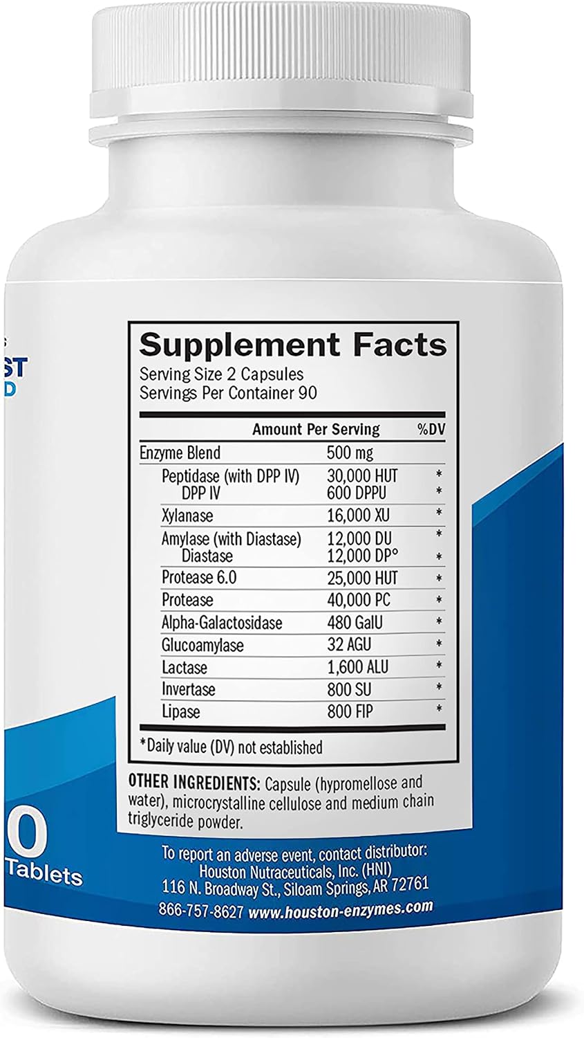 Houston Enzymes – TriEnza – 180 Capsules (90 Doses) – Broad-Spectrum Enzymes for Digestive Intolerances – Supports Digestion of Gluten, Casein, Soy, Proteins, Carbohydrates, Sugars, Fats & Polyphenols