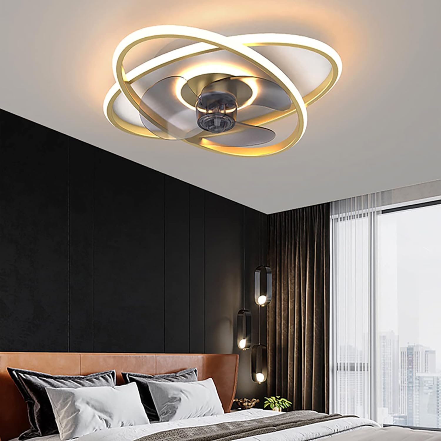 YUEGOO Ceiling Fans with Lamps,Quiet Ceiling Fans with Lamps Reversible Motre 6 Speed Dimmable Ceiling Fans with Lights and Remote Control for Living Room Bedrooms with Timer/D