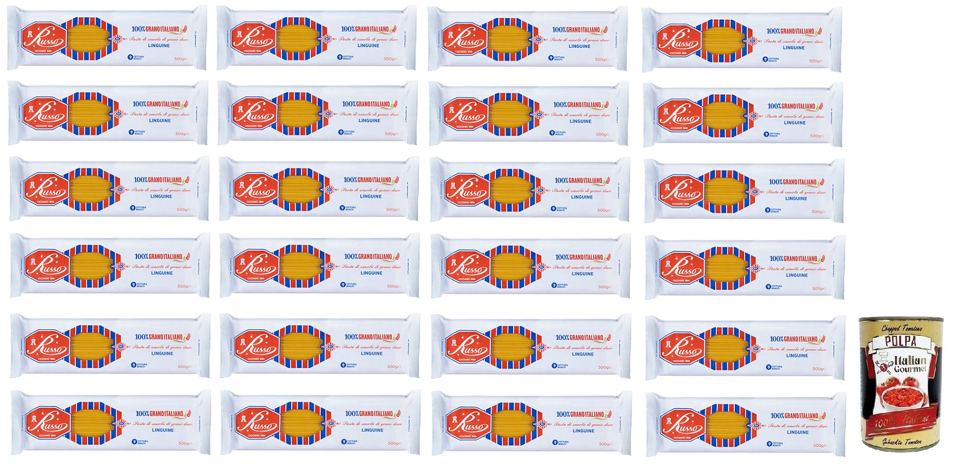 Russo Linguine N°80 Pasta de sémola de trigo duro, 100% trigo italiano, paquete de 500 g + lata de 400 g Italian Gourmet Polpa di Pomodoro