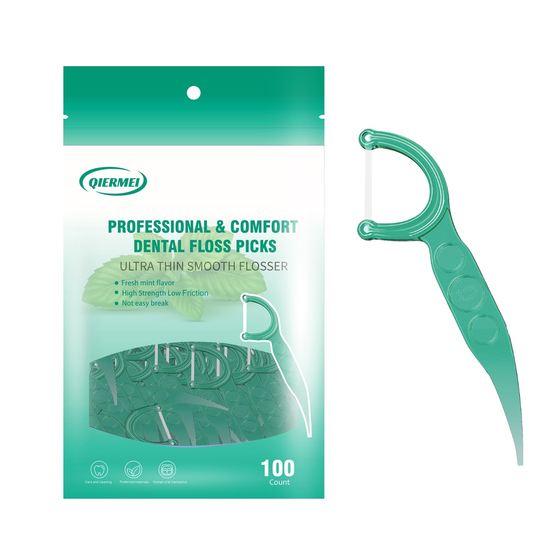 QIERMEI Professional Dental Floss Picks, 100/300/600 Counts Bag Packing, Ultra Thin Flate Thread, Mint Flavor, High Strength Low Friction, Not Easy Break...