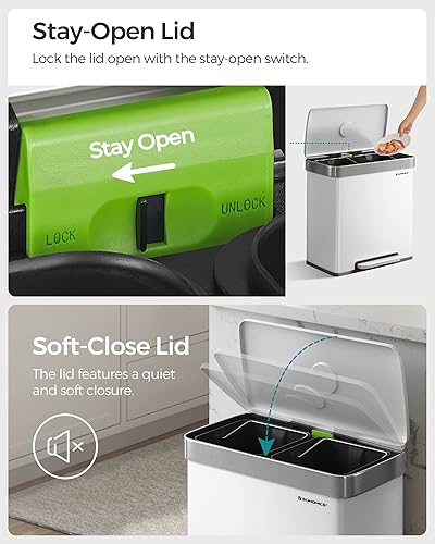 Miniatura 4 de SONGMICS Basurero de cocina de 16 galones (2 x 8 galones) con doble compartimento, cubo de reciclaje de pedal de 60 L, se mantiene abierto y cierre