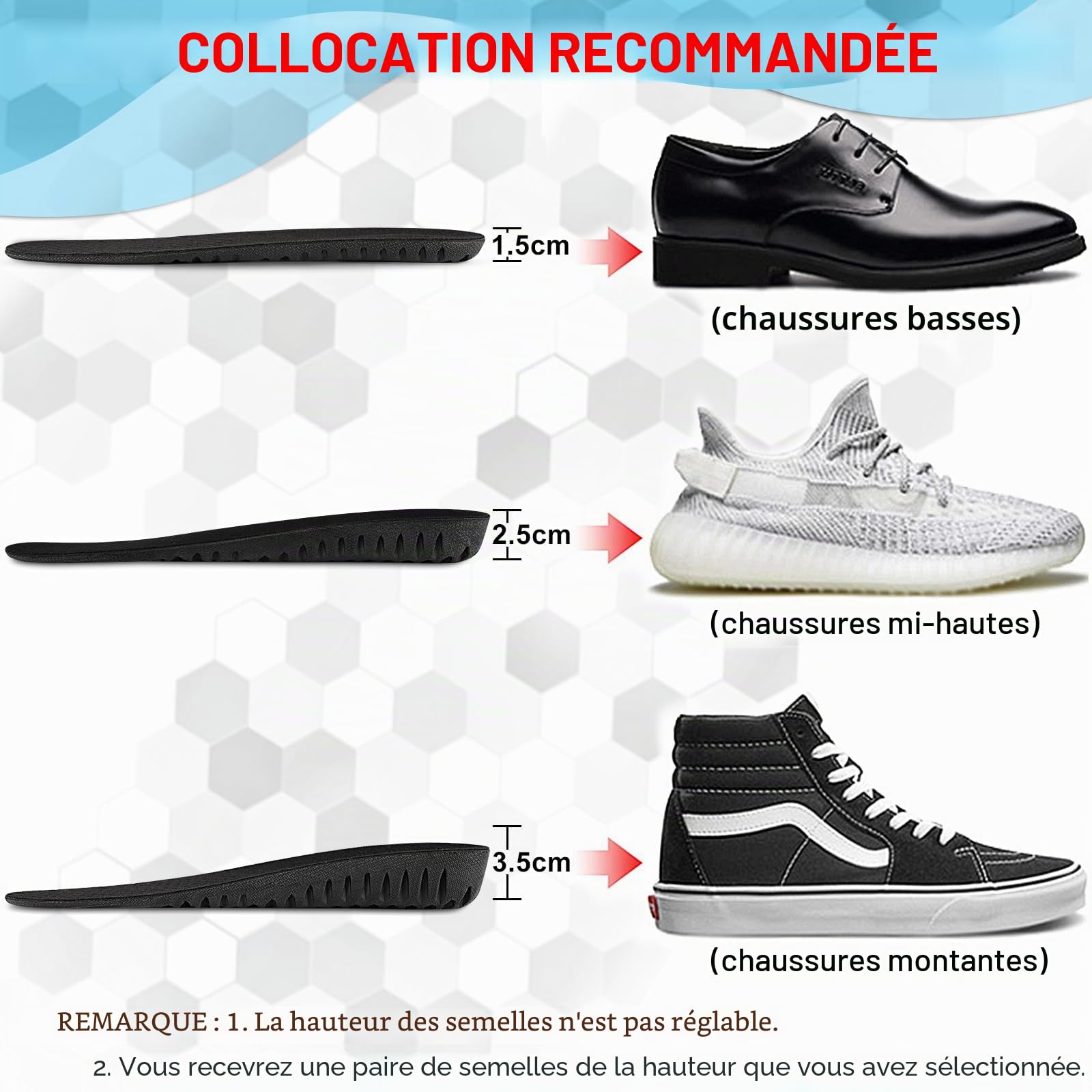 Ailaka Hauteur Augmentation Semelles Chaussures Augmenter Talon Ascenseur la Semelle Intérieure Amortissante Respirantes alvéolaires Confort Élastique Invisibles Homme Femme 3.5CM