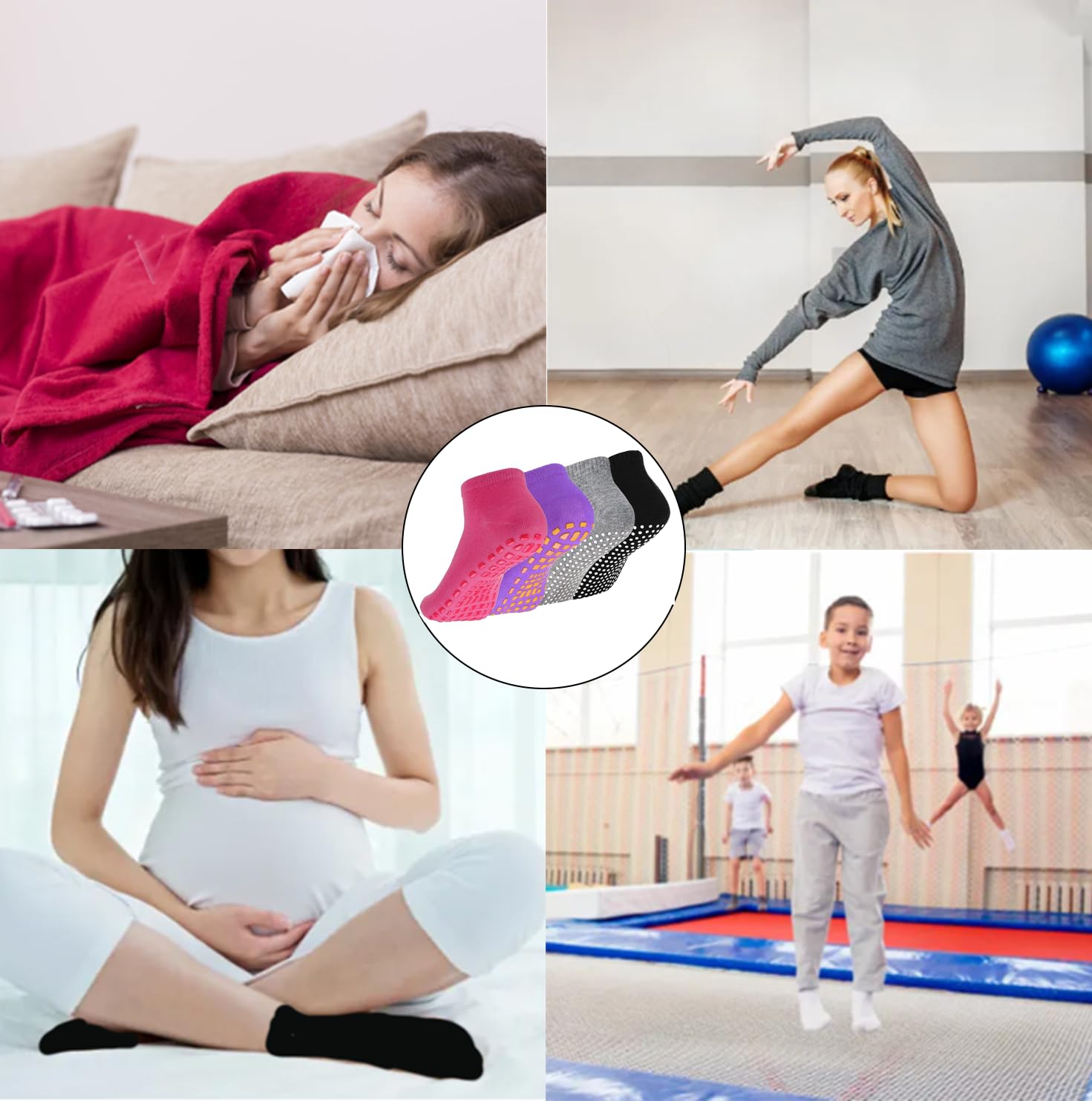 GWAWG 4 pary antypoślizgowych skarpet do jogi pilates trampolina skarpety damskie męskie antypoślizgowe dno odpowiednie do szpitali, ruchu, jogi, baletu, trampoliny sportu, Różowy fioletowy czarny