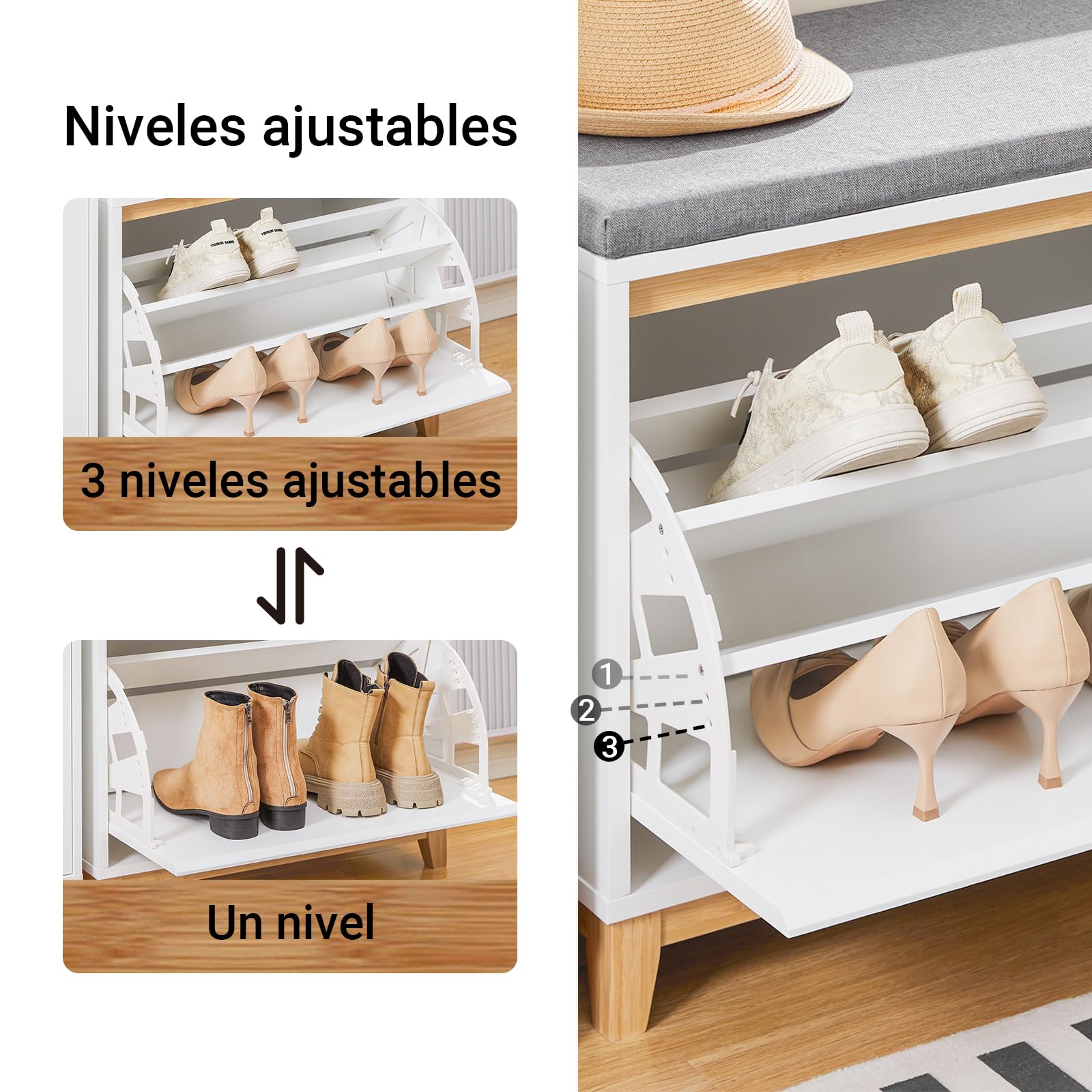 SoBuy Banco Zapatero Entrada Recibidor - Banco Zapatero con Asiento y Almacenaje - Puerta Abatible con Estantes Ajustables - Ideal para Pasillo y Hogar Moderno - 60x34x55cm 115kg Blanco FSR191-WN