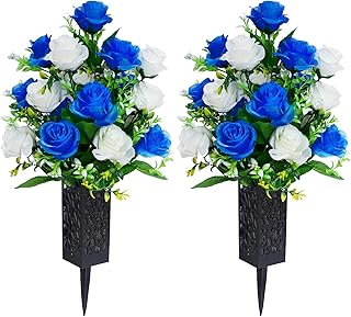 2 Sets Artificial Cemetery Flowers,Memorial Flowers,Beautiful Arrangements for Headstones,Black Plastic vase with Drainage Hole Long Spikes Outdoor Memorials(Dark Blue)…
