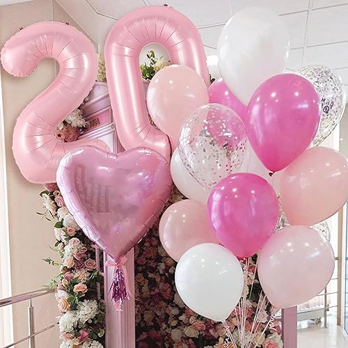 Miniatura 6 de Juego de 20 globos rosa pastel, juego de globos de 20 números rosa bebé, globo de corazón de estrella de papel de aluminio rosa con globo largo para