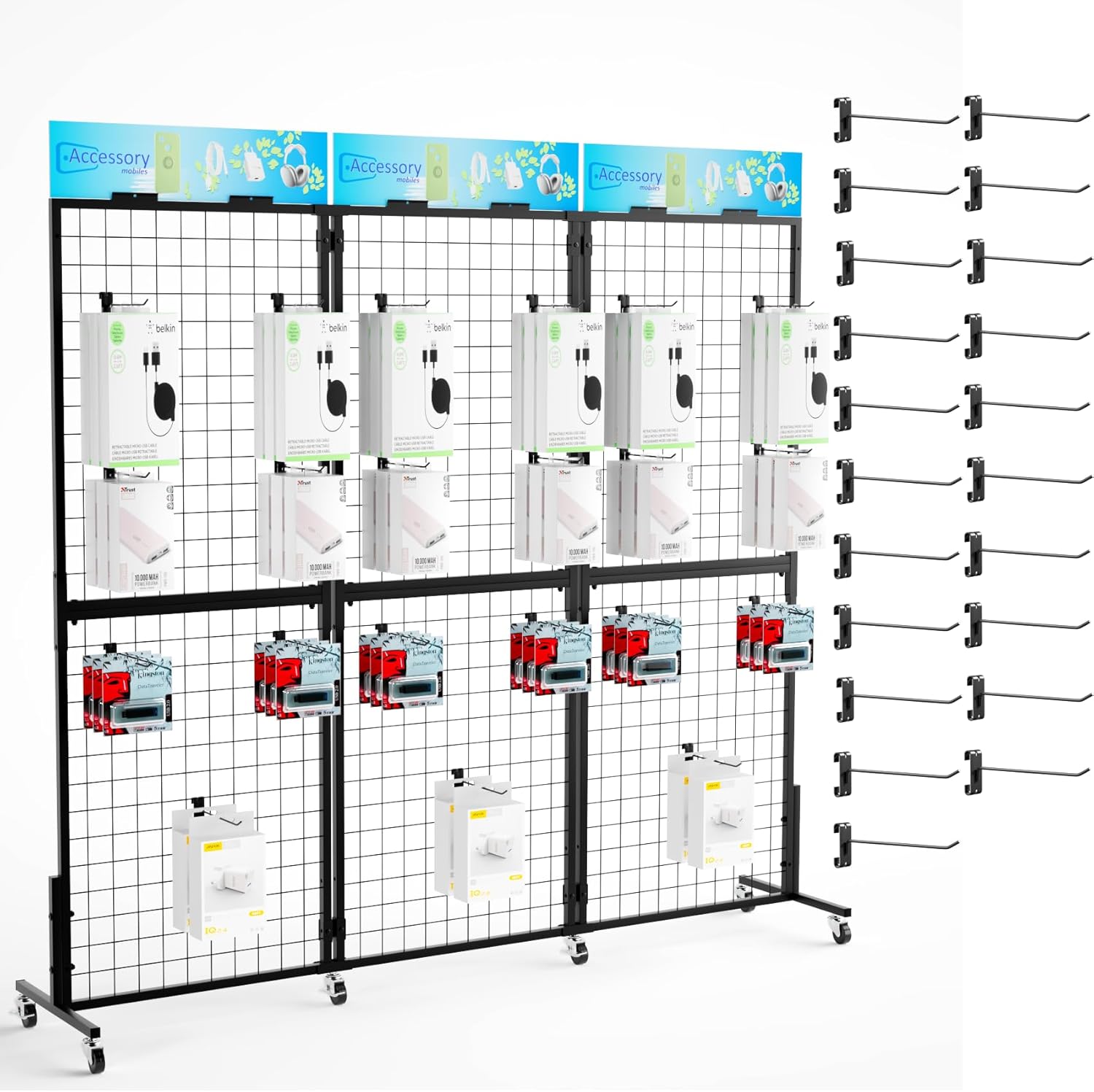 Grid Wall Panels Display Stand - 3pcs with 21 Hooks, 2*5.6ft Display Racks For Vendor Events Art Display Panels Linkable Heavy Duty Floor Standing Movable Retail Display Stand Metal Shelf