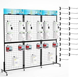 Grid Wall Panels Display Stand - 3pcs with 21 Hooks, 2*5.6ft Display Racks For Vendor Events Art Display Panels Linkable Heavy Duty Floor Standing Movable Retail Display Stand