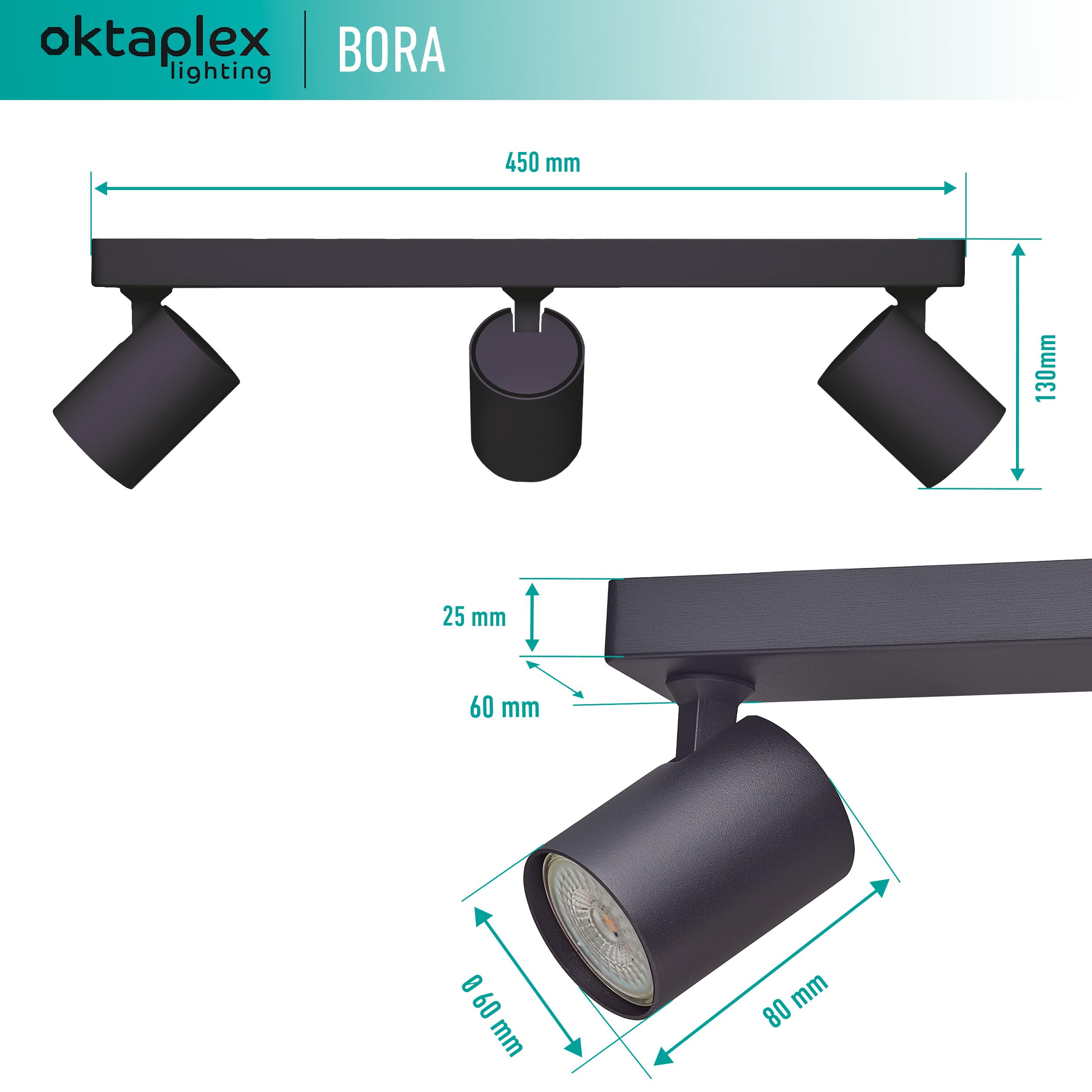 Oktaplex Bora foco de techo 3 flame GU10 LED spot bar 45 cm 230 V spot luz foco orientable lámpara de techo negro