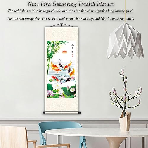 Miniatura 5 de FOVNOT Arte de pared de pergamino de seda china - Pintura de nueve peces koi con loto y peonía, decoración asiática del hogar Feng Shui, pergamino