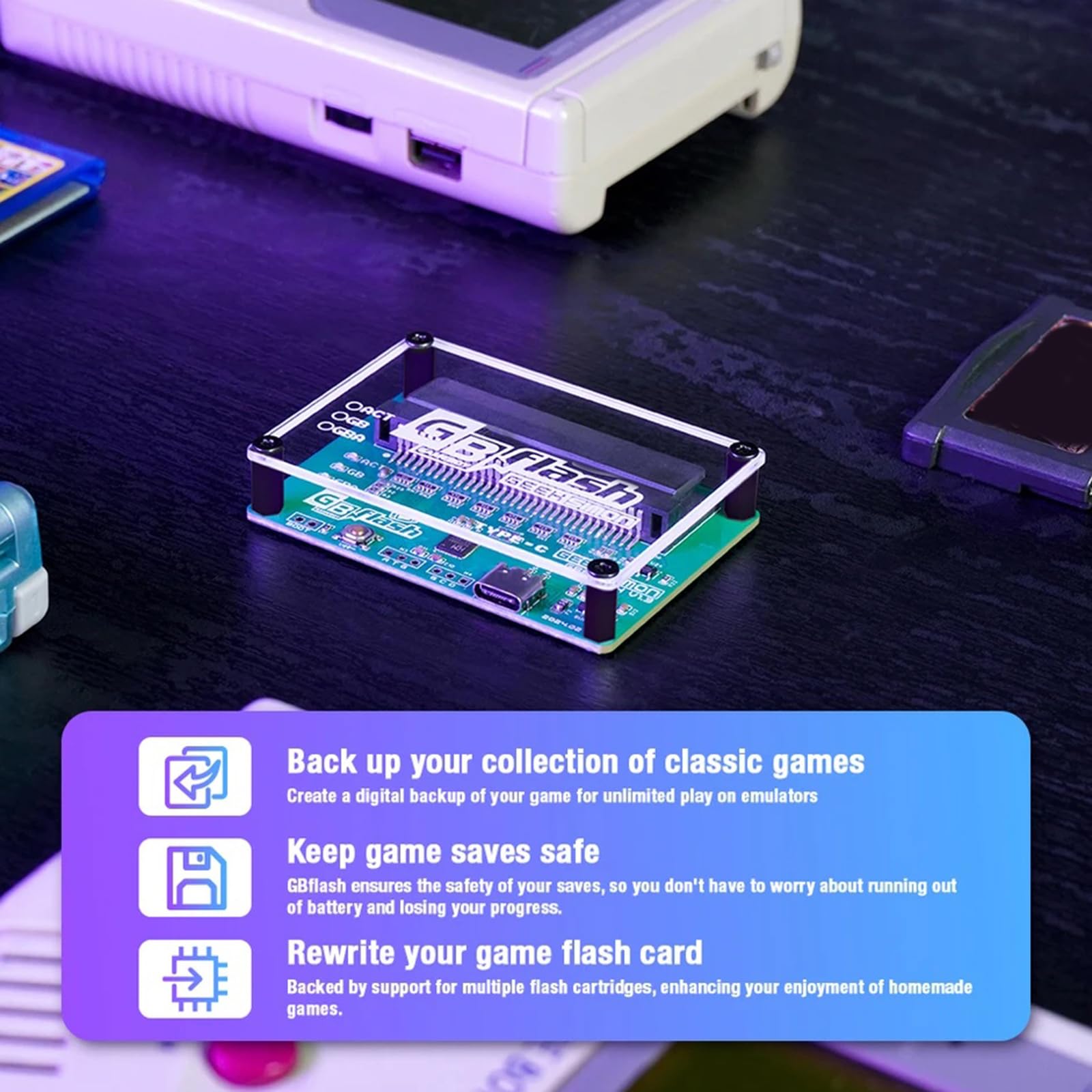 Lettore e scrittore di cartucce di gioco retrò professionale, ideale per GBFlash Green Gioco integrato con connessione USB ROM Backup