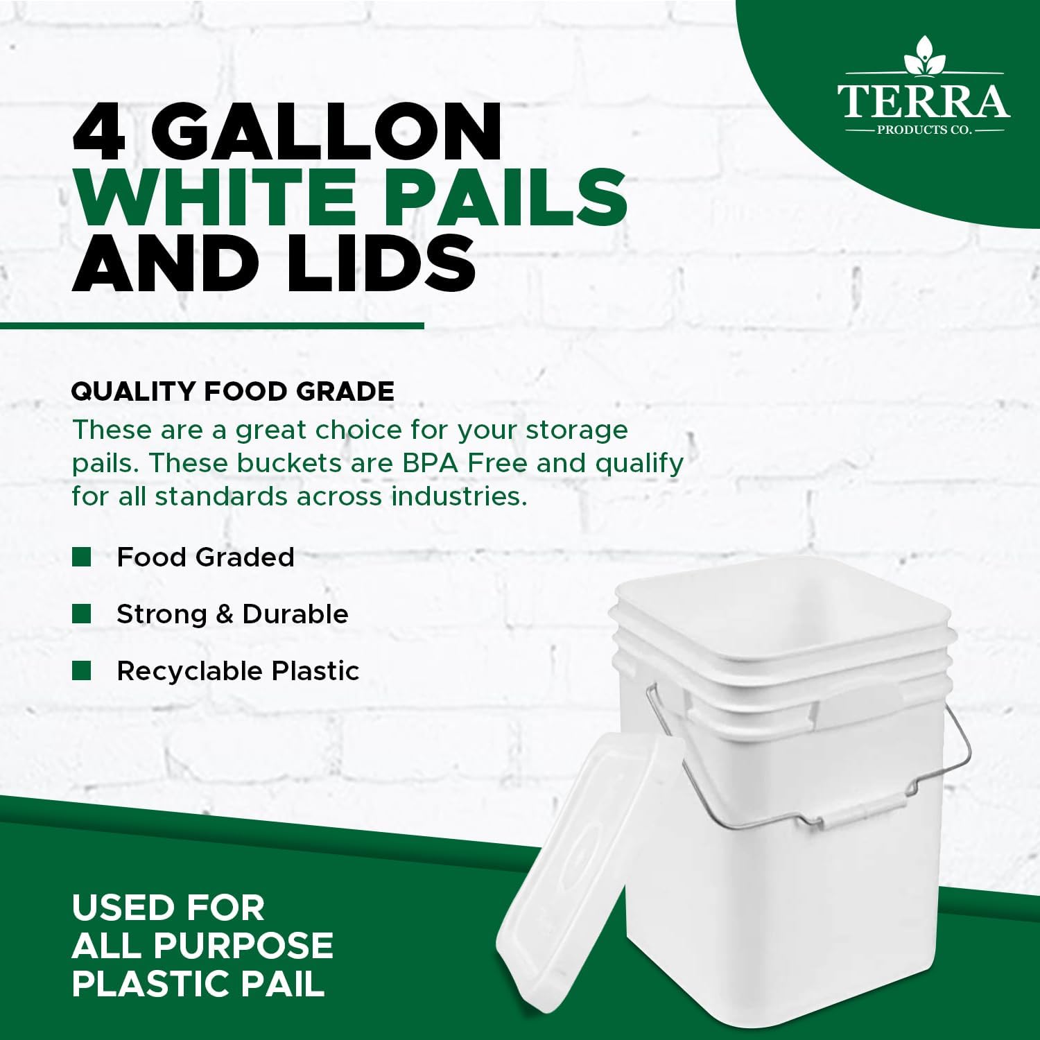 Terra Products Co. White Pails and Lids - Heavy Duty Buckets for Storage - Economical, Durable and Easy to Use (4Gallon 3Pack)