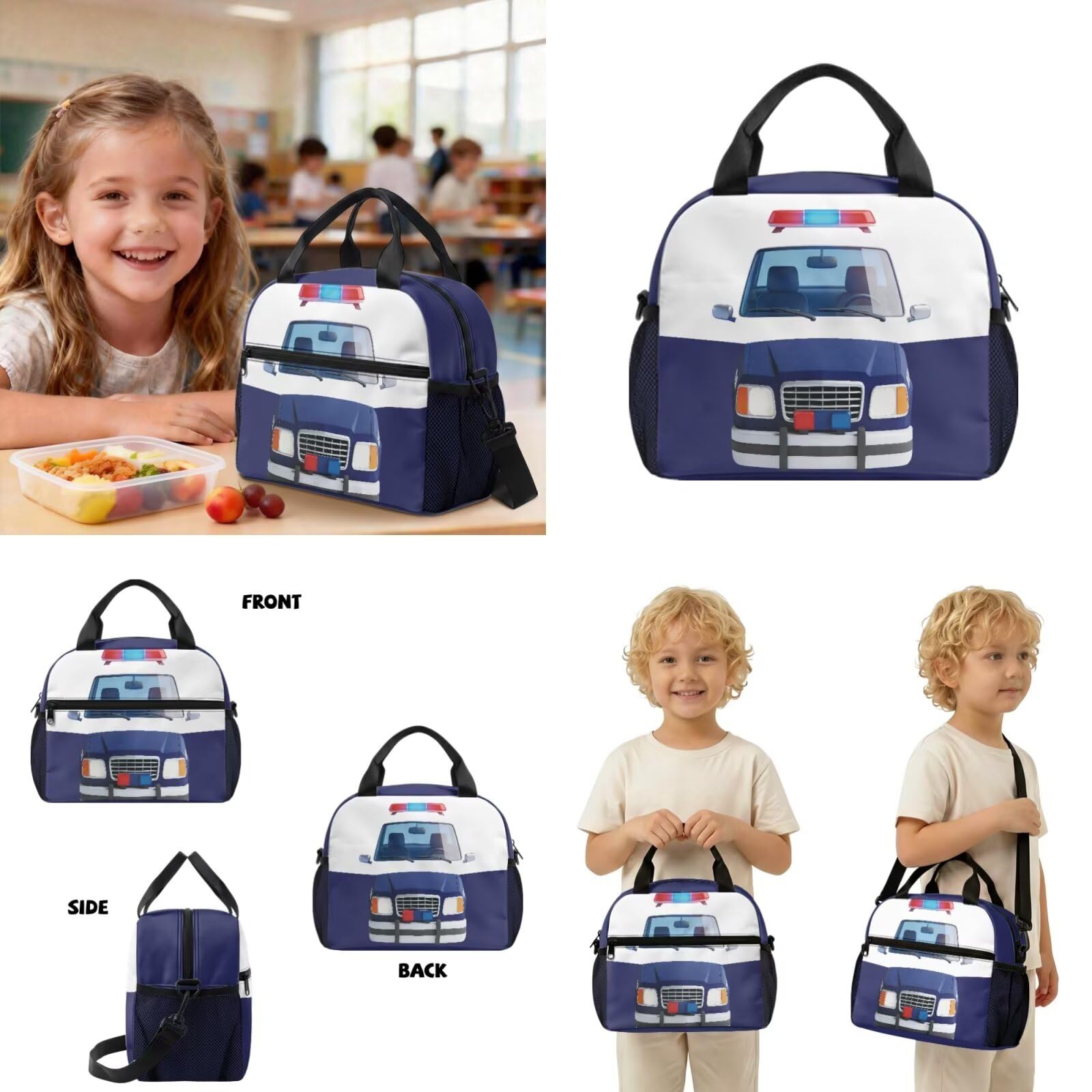 COEQINE Ensemble sac à dos et boîte à déjeuner pour enfants Sac à dos personnalisé sur le thème de la voiture pour tout-petits garçons de 4 à 10 ans, cartable maternelle, Voiture de police bleu blanc