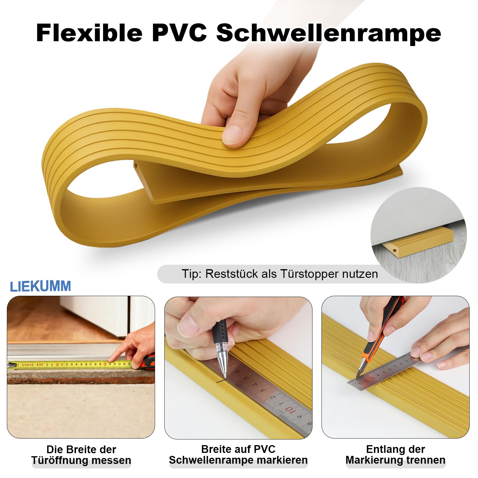 LIEKUMM Rampa progowa, 90 x 7,5 x 1,5 cm, rampa dla wózków inwalidzkich, rampa progowa PCW, rampa dla wózków inwalidzkich, wózków dziecięcych, chodzików lub skuterów elektrycznych, żółta