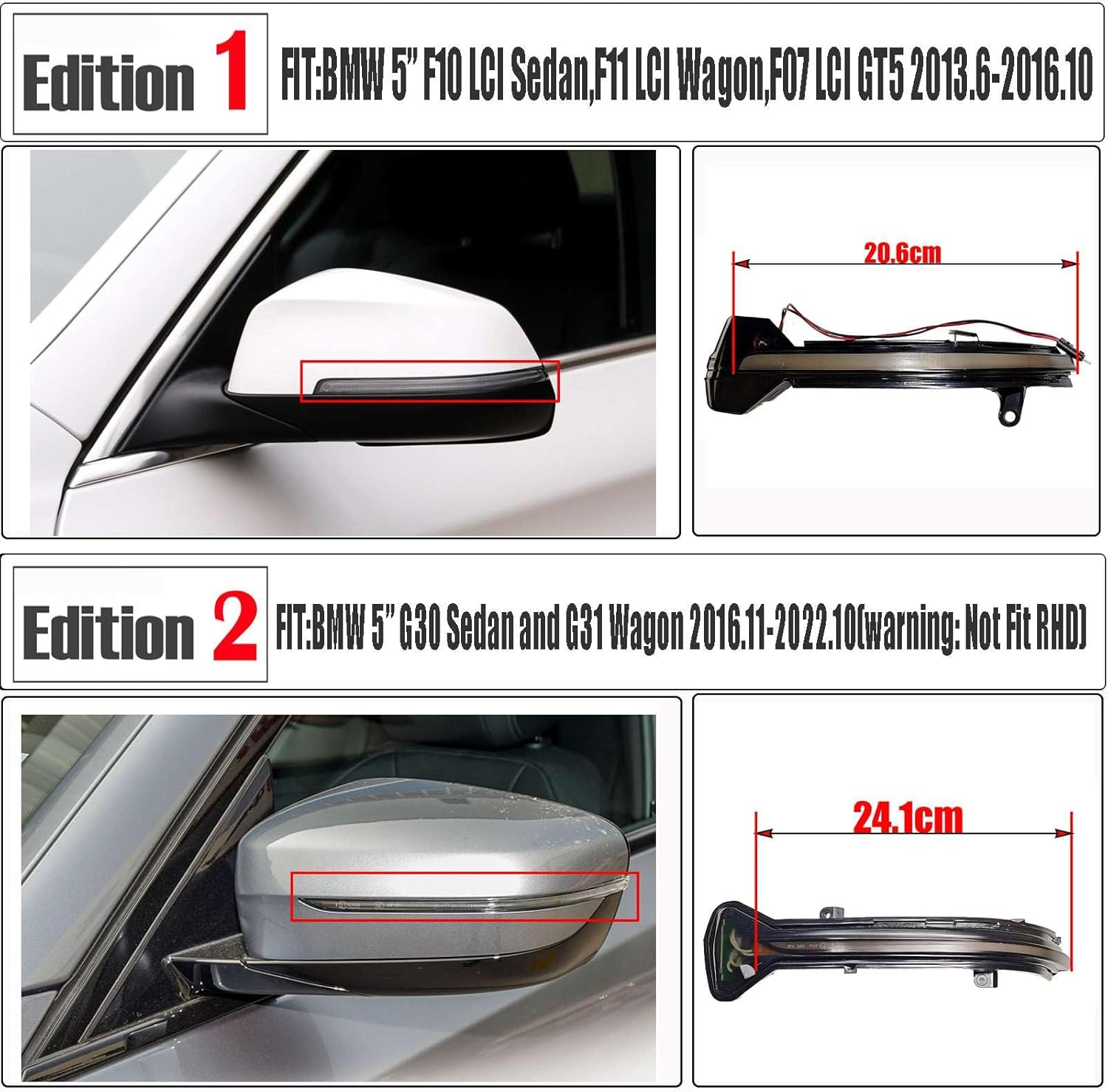 2Pcs Turn Signal Light for 14-16 BMW 5 series F10 Sedan F11 Wagon F07 LCI GT5 Fit 528ix 535i 550i 2014 2015 2016 LED Amber Mirror Cover Switchback Dynamic blue