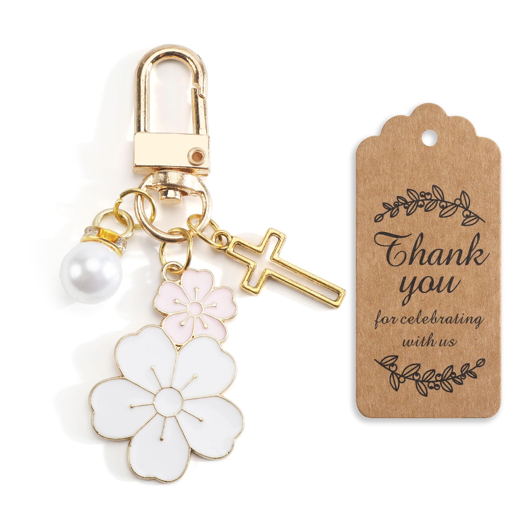 MUCOOS Elegantes Rosa-Weißes Kirschblüten Und Kreuz-Anhänger-Set Mit Organza-Beutel Und Dankeschön-Anhänger – Geeignet Für Freundinnen, Geburtstagsgeschenke, Schlüsselanhänger, Taschenanhänger