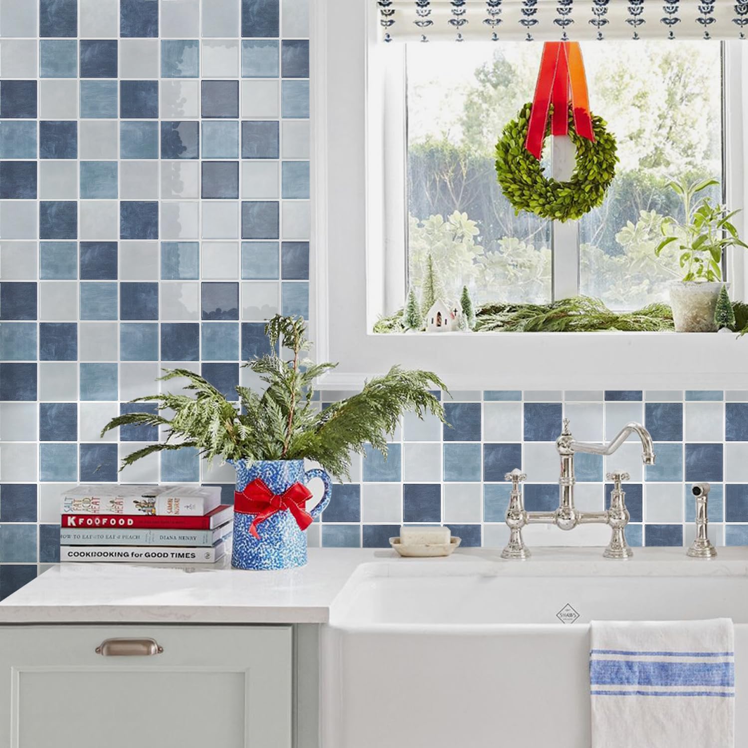 Commomy Più Spessi Piastrelle Adesive Cucina Blu-Grigio,10 pezzi | Paraschizzi Cucina Mattonelle Adesive Bagno, Vinile Pannelli Decorative 3D per Parete,30,5 x 30,5 cm