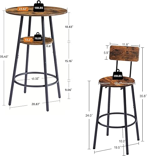 Miniatura 2 de Juego de taburetes de bar redondos de color marrón rústico con estantes, comodidad y conveniencia, 23.6 pulgadas de diámetro x 35.4 pulgadas de alto