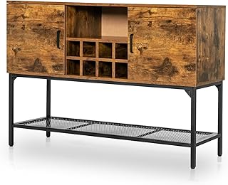 TANGZON Industrial Buffet Sideboard, 2 Door Wooden Storage Cabinet with Wine Rack, Mesh Shelf & Adjustable Foot Pads, Freestanding Cupboard for Kitchen Dining Room and Entryway