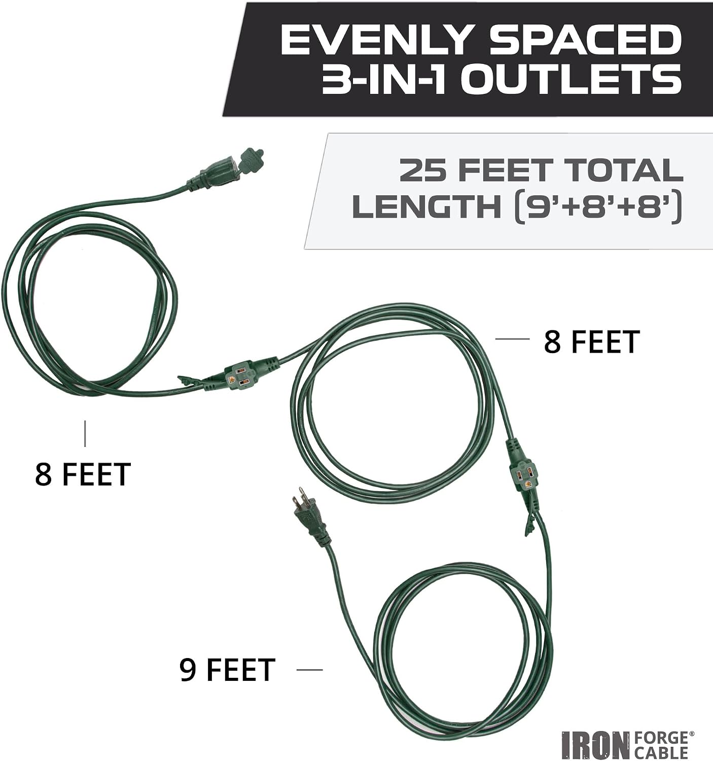 Iron Forge 25 Ft Green Extension Cord with 3 Spaced outlets - 16/3 SJTW Multiple Outlets Extension Cord with 3 Prong - 13 AMP for Outdoor Lighting & Decoration