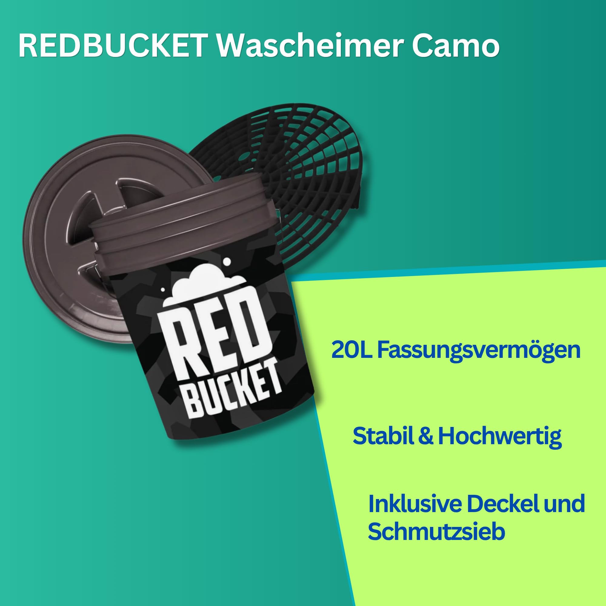 REDBUCKET Autowäsche Set 6-tlg. - Wascheimer 20L Tactical Camo | Pro Glove Waschhandschuh + Autoshampoo + Felgenreiniger + Trockentuch + Lufterfrischer | Autopflege Set