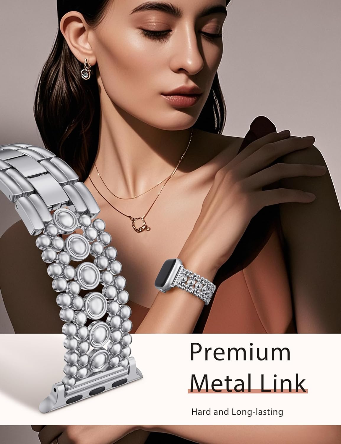 Minyee Compatible with Apple Watch Band 42/46/38/40/41/44/45/49mm Women, Dressy Pretty Stainless Steel Metal Strap Fancy Studded Designer Link Bracelet for iWatch Series 11 10 9 8 7 6 5 4 SE/Ultra 3