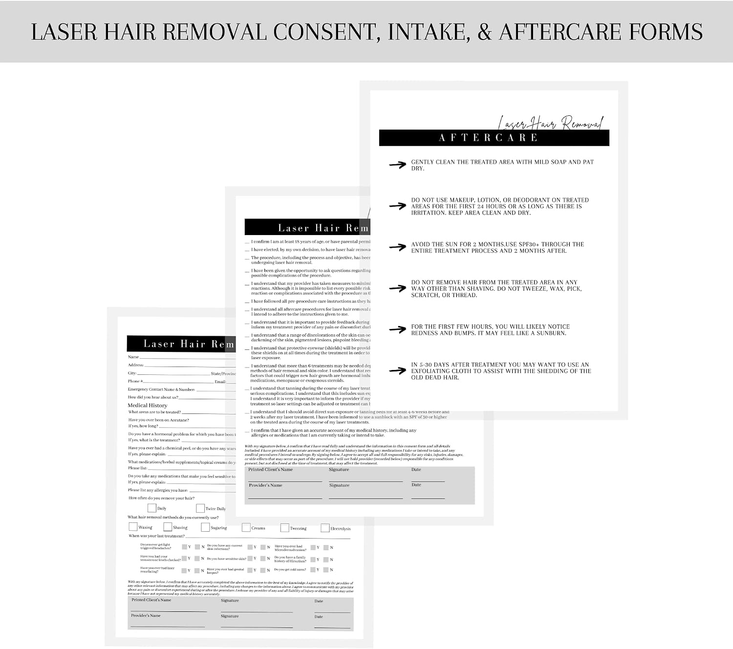 Laser Hair Removal Intake Forms, Consent and Aftercare Instructions with Fitzpatrick Chart | 75 Pack 25 of Each | Black and White Minimalist for Client Signatures Pre and Post Care IPL