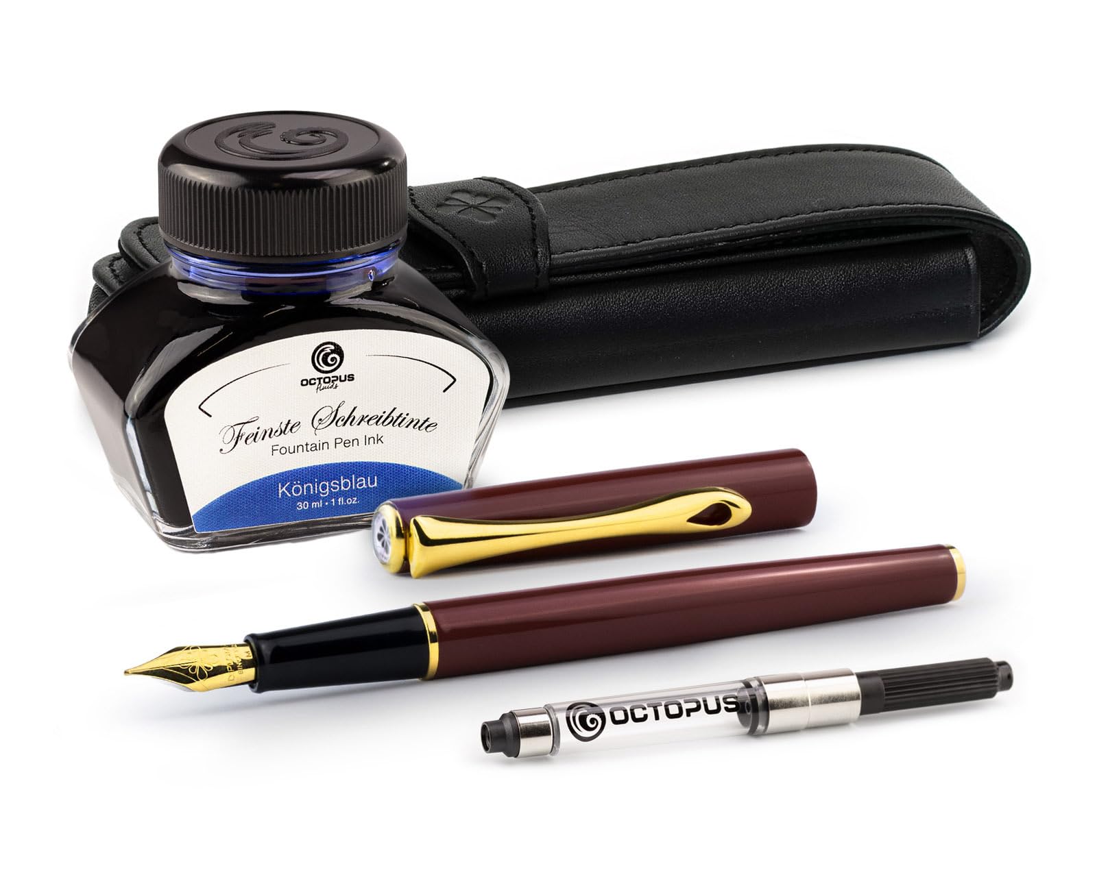 Diplomat Traveller Dark Red Gold zestaw piór wiecznych z metalu, w zestawie z etui na długopisy ze skóry, atrament do pisania w kolorze królewskiego błękitu i konwerterem atramentu, pióro ze stali