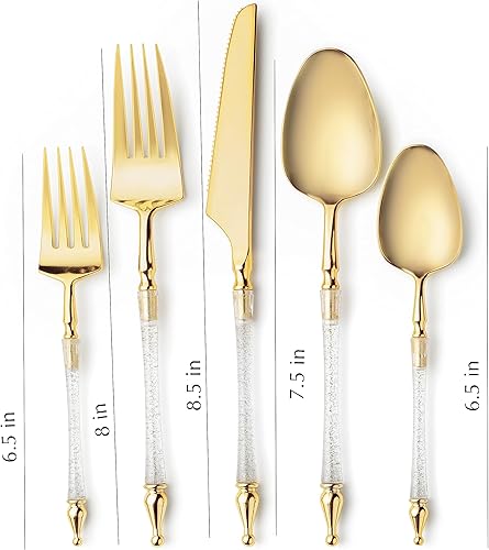 Miniatura 2 de Juego de cubiertos de plástico desechable, colección sofisticada con purpurina plateadadorada, juego de cubiertos - 40 piezas, servicio para 8