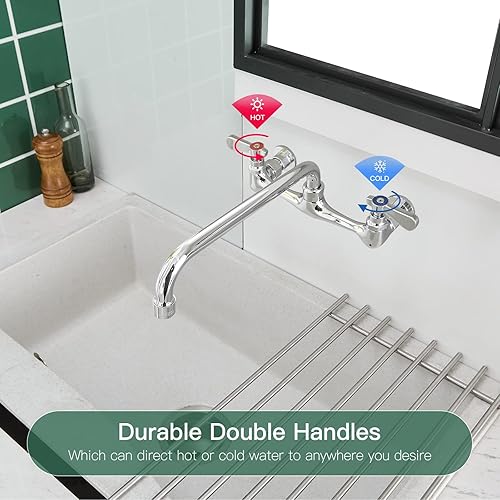 Miniatura 3 de Homevacious Grifo de cocina comercial de 2 manijas para montaje en pared, centro de 8 pulgadas con boquilla giratoria de 360 grados de latón de 16