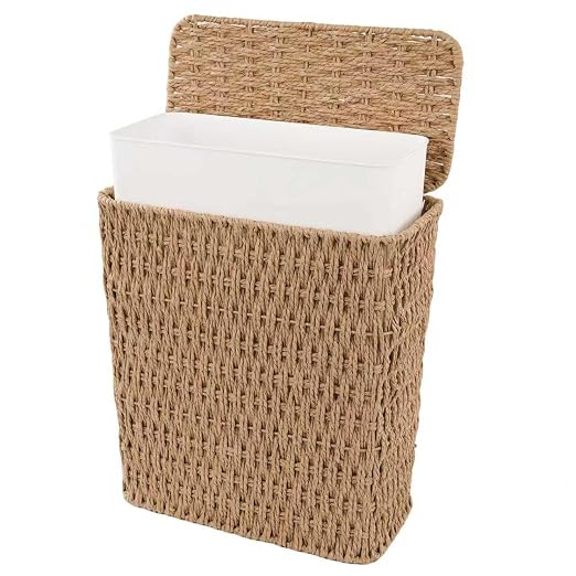 3 Gallon Paper Rope Bathroom Trash Can,Small Wicker Trash Cans with Lid and Liner,Woven Rattan Narrow Waste Basket for Bedroom,Office,Natural