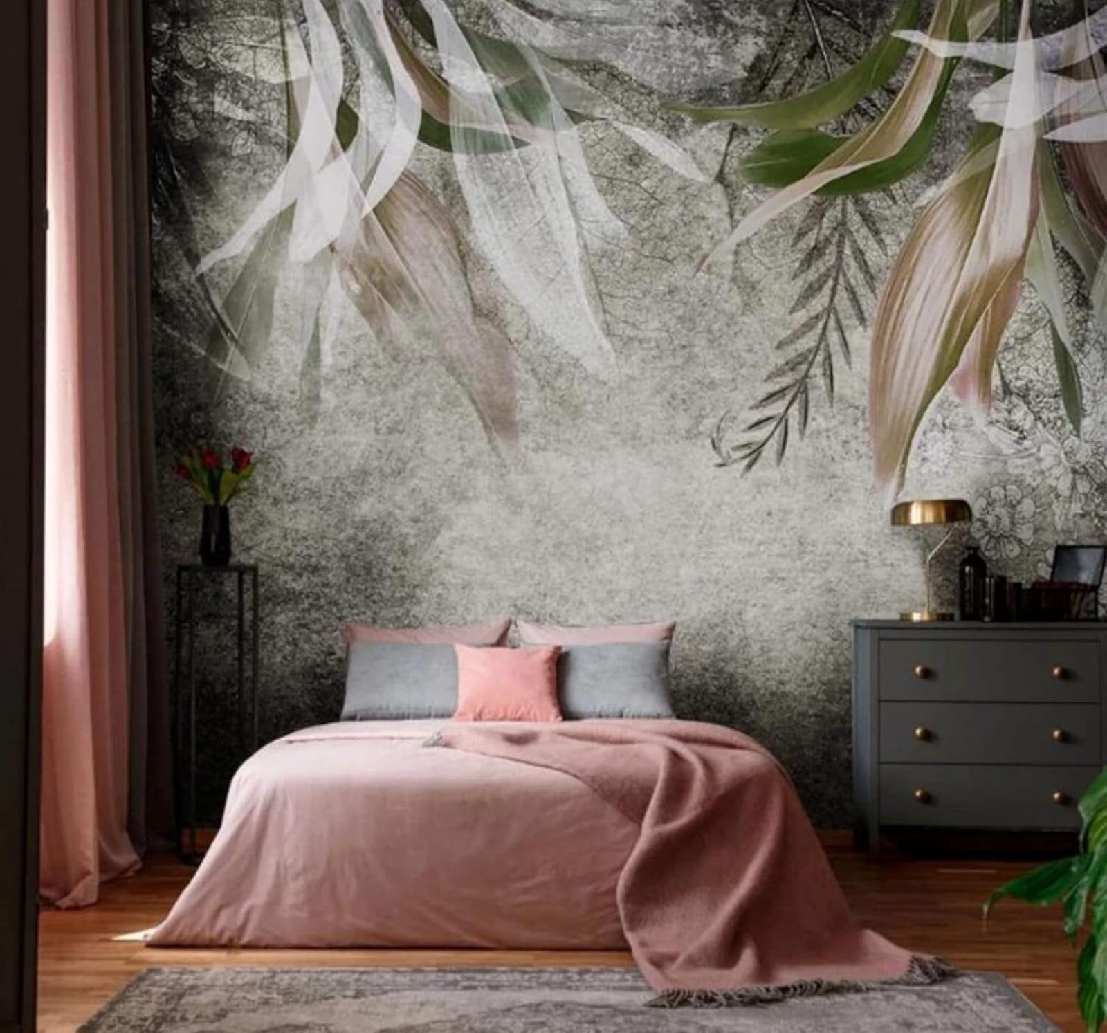Wallpaper-3D-Xlm 350Cm×256Cm(B×H) Retro Abstract Art Leaves Plants 3D Wallpaper Easy Install Feature Office Living Room Sofa Bedroom Tv Background Wall Decoration-350Cm×256Cm