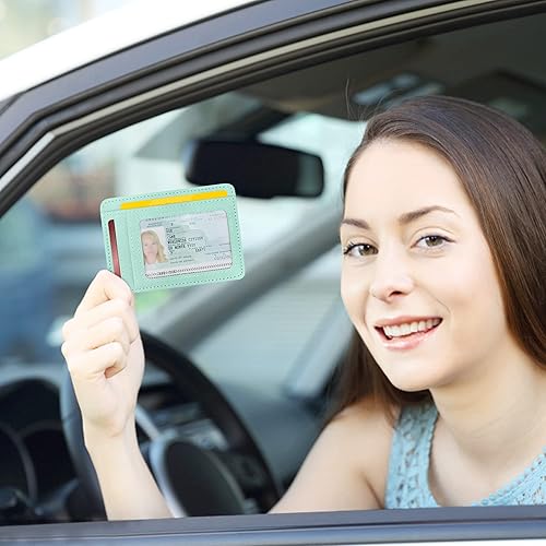 Miniatura 8 de CONISY Portatarjetas delgado para mujer, bolsillo frontal delgado de cuero con bloqueo RFID (verde menta)