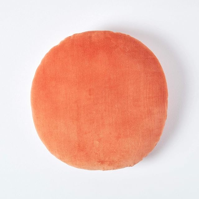 HOMESCAPES Burnt Orange Round Velvet Cushion Super Soft Cotton Velvet Luxury Filled Scatter Cushion Thick Plain Accent Throw Pillow for Sofa and Bed Decoration, 40cm (15") Diameter