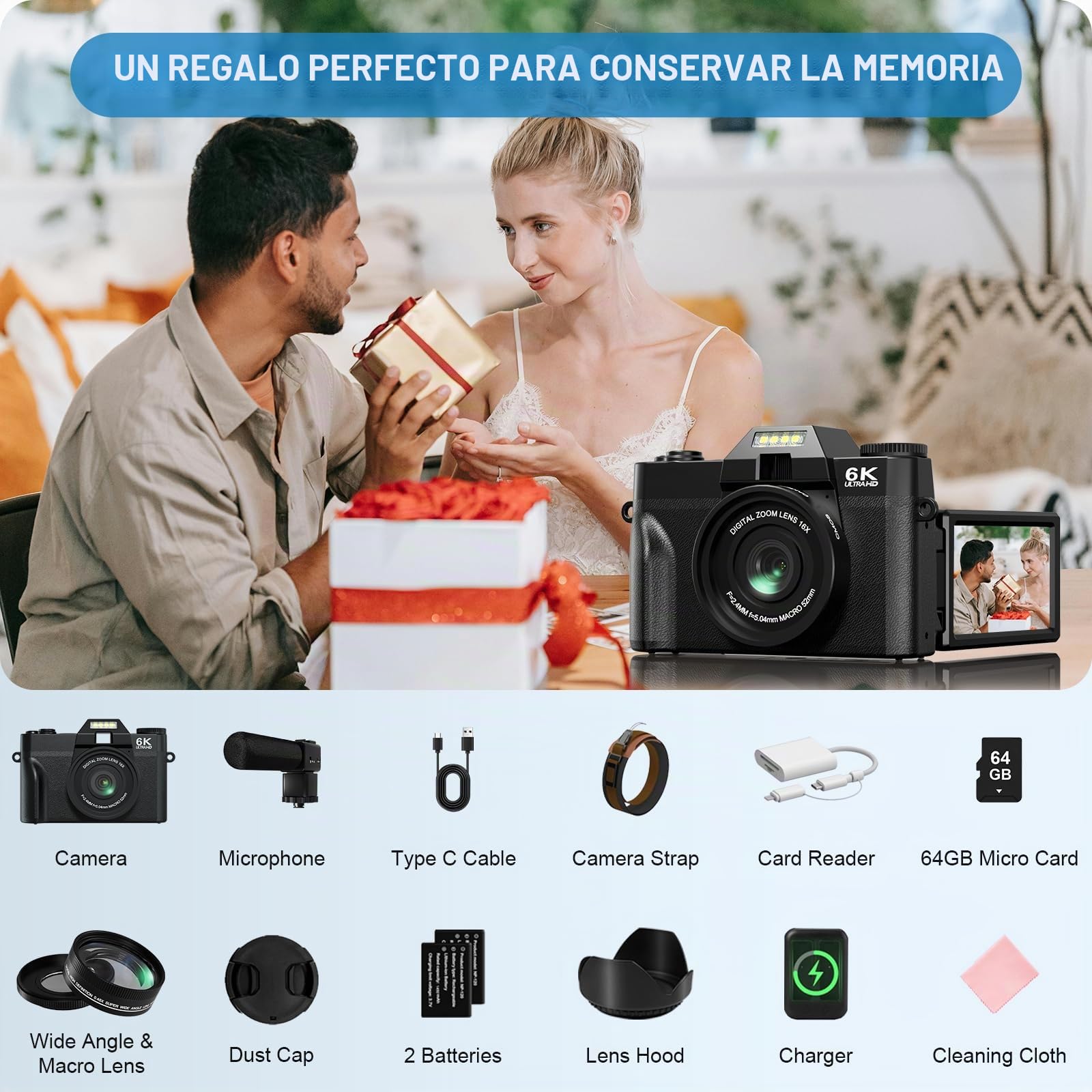 Camara Digital 6K 64MP para Vlogging con WiFi, Tarjeta TF de 64 GB, Micrófono, Enfoque Automático, Zoom 16X. Camara de Fotos Digital Compacta para YouTube, Principiantes, Objetivo Macro y Gran Angular
