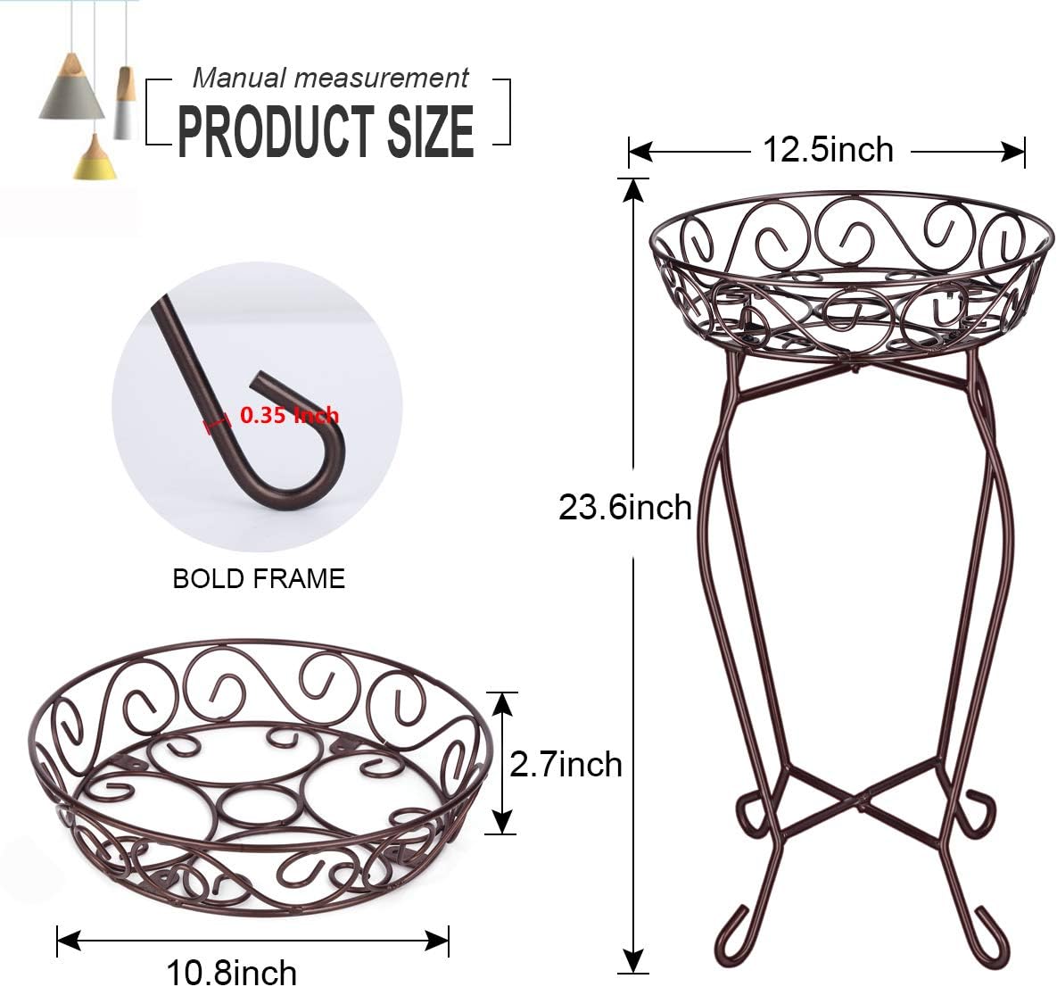 Yimobra Corner Plant Stand for Indoor Outdoor, Heavy Duty Rustproof Metal Flower Stand, 200LB Capacity Plant Holder for Patio Garden Living Room, 12.5 x 23.6 Inches, Bronze