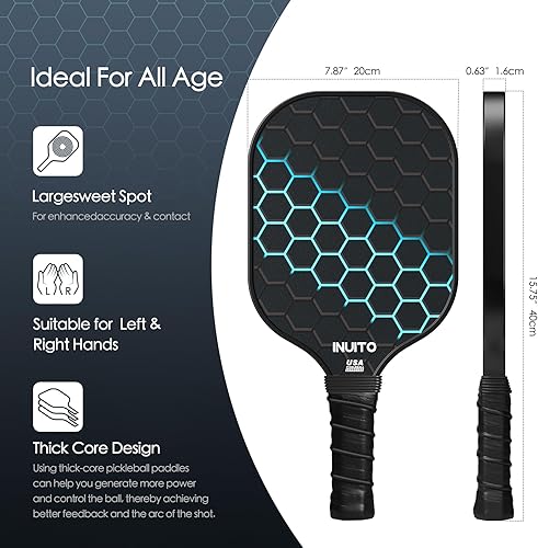 Miniatura 4 de Juego de 2 palas de pickleball, palas de pickleball de 0.630 in de grosor con bolsa de pickleball. Juego de 2 palas de pickleball grandes para