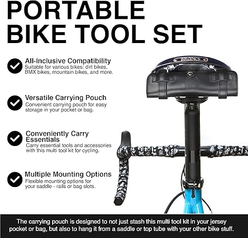 Miniatura 8 de THE NUTTER Herramienta de bicicleta todo en uno  Kit de reparación portátil de bicicleta con multiherramienta de ciclismo y bolsa de cuero negro