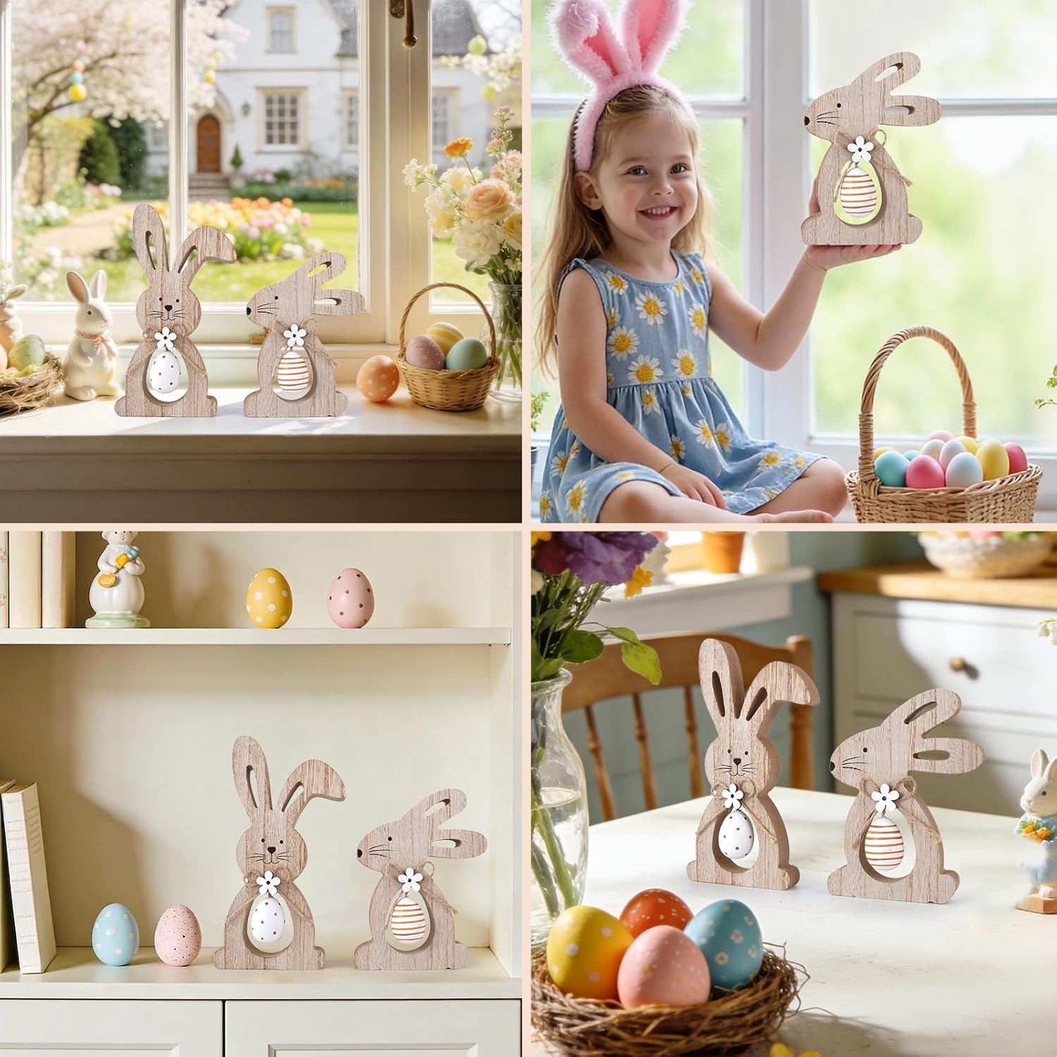 Easter Bunny Table Decor Wooden Signs Tiered Tray Decor Rustic Easter Wood Sign Farmhouse Bunnies Rabbit Dining Table Decorations for Home Party Mantle Shelf Spring Holiday - Image 7