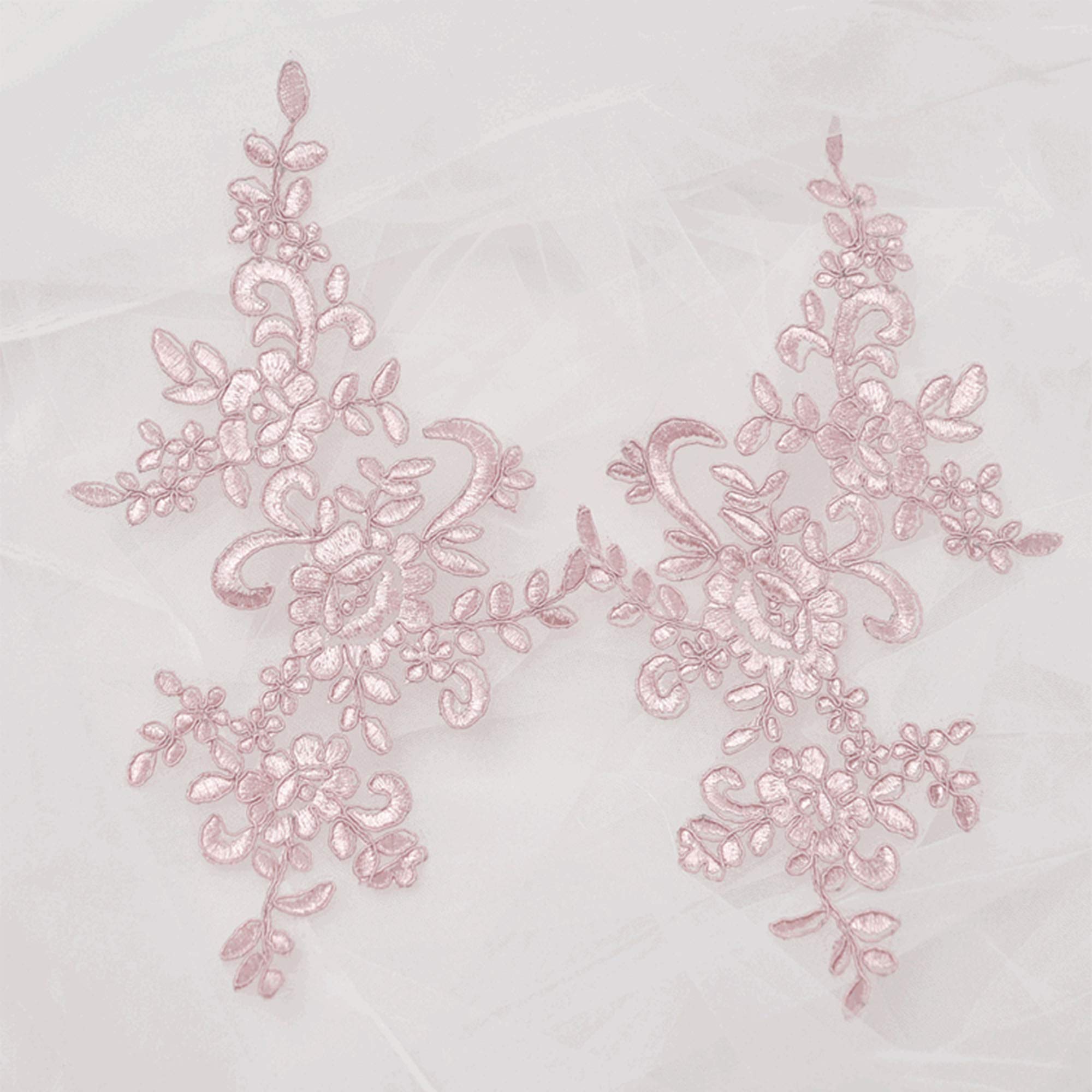 Mirror Pair Delicate Corded Embroideried Lace Appliques Wedding Lace Patches Bridal Floral Sewing Appliques DIY For Dress Veiling Evening Gown (Dusky pink)