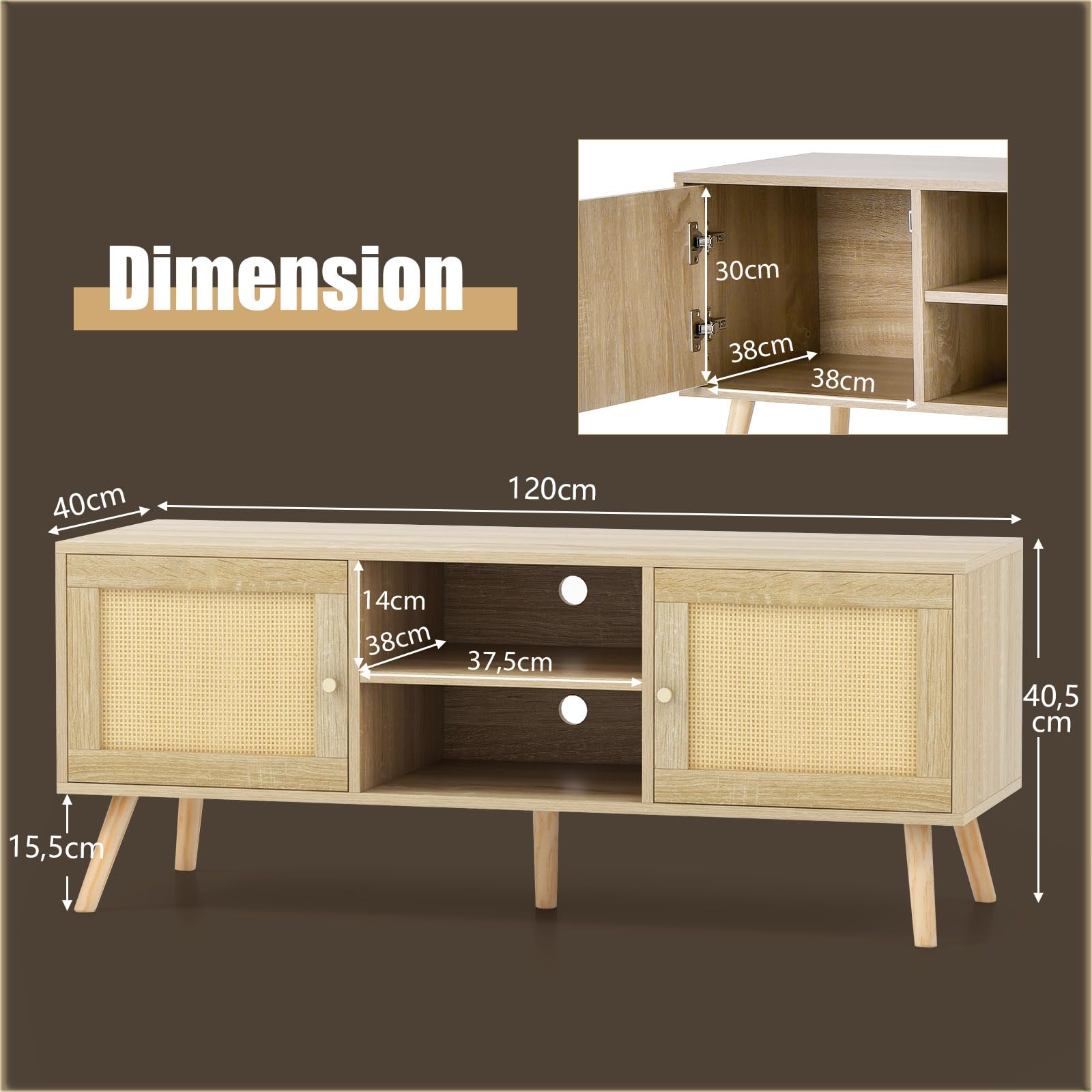 KOMFOTTEU TV-meubel voor woonkamer tot 65 inch, in hoogte verstelbaar, van hout met 4 open vakken, moderne bas, multifunctioneel, 150 x 39 x 45 cm ( zwart