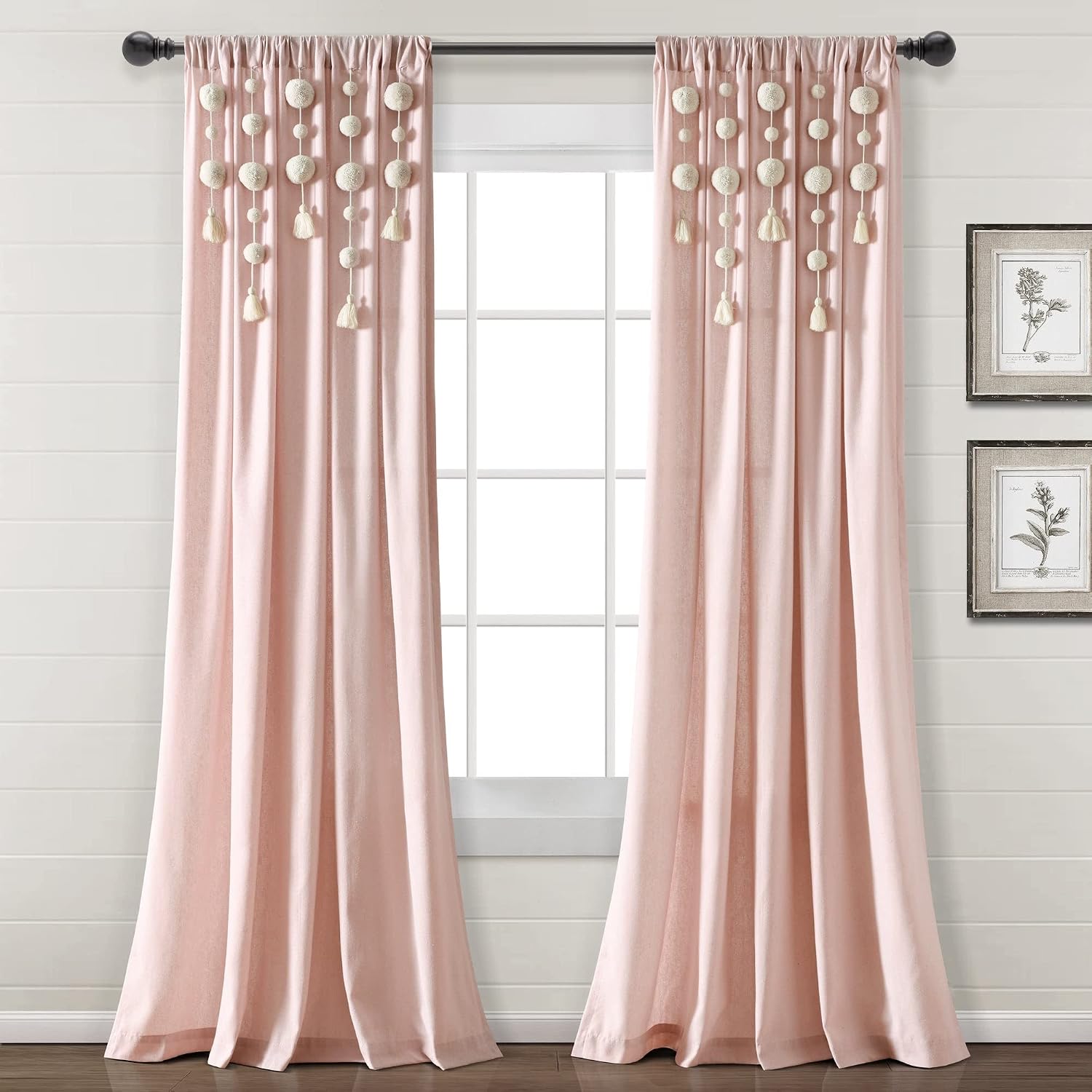 Lush Decor Boho Pom Pom Tassel Linen Window Curtain Panel (Single Panel), 84" L x 52" W, Blush