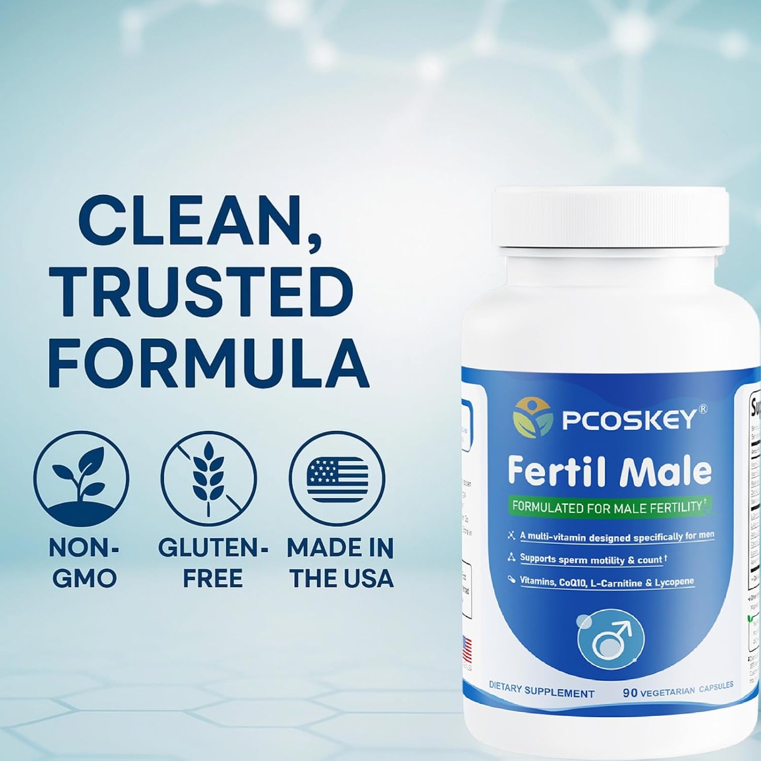 pcoskey® FertilMale | Male Fertility Supplement for Sperm Motility & Count | w/L-Carnitine, CoQ10, Zinc | Natural, Vegan | Made in USA, GMP Certified| 90 Capsules