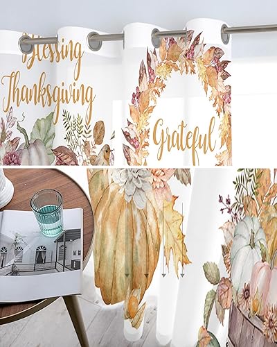 Miniatura 5 de Thanksgiving Sheer Curtains 24 Inch Length Light Filtering Curtain Panel for Windows, Pumpkin Maple Leaves Four Prints Grommet Semi Sheer Vertical