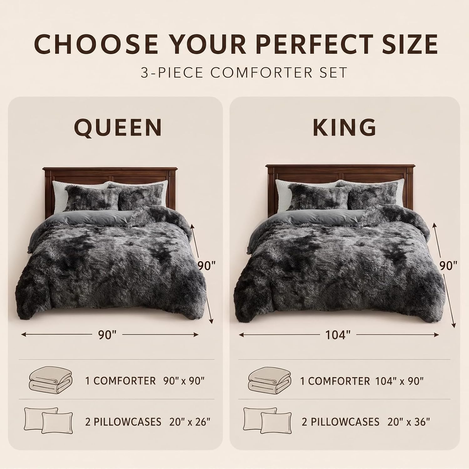 MURT Fluffy Comforter Set King Size Luxury Faux Fur Warm Plush Bedding Comforter Set, Cloud-Like Soft & Cozy for All Season, 3 Pieces - 1 Comforter & 2 Pillowcases(Tie-Dye Dark Grey)